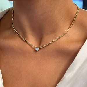 0.50Cttw Round Cut Diamond Heart Pendant Cuban Chain Necklace 14K Yellow Gold